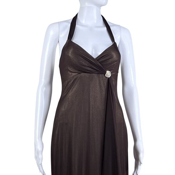 Cache Womens 8 Halter Backless Brown Gold Shimmer Evening Gown Rhinestone Accent - Picture 4 of 16